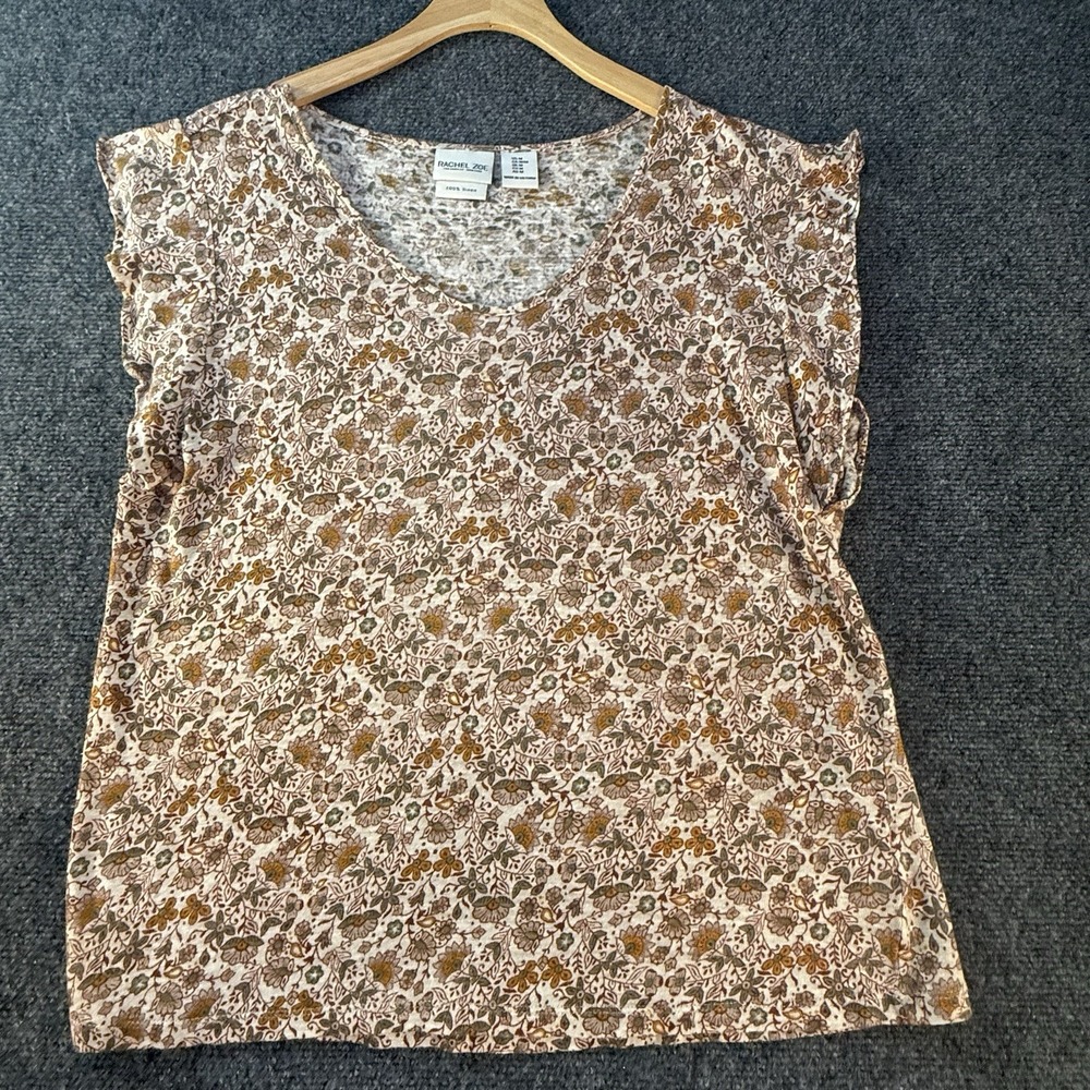 Rachel Zoe 100% Linen Floral Cap Flutter Sleeve Shirt Size M